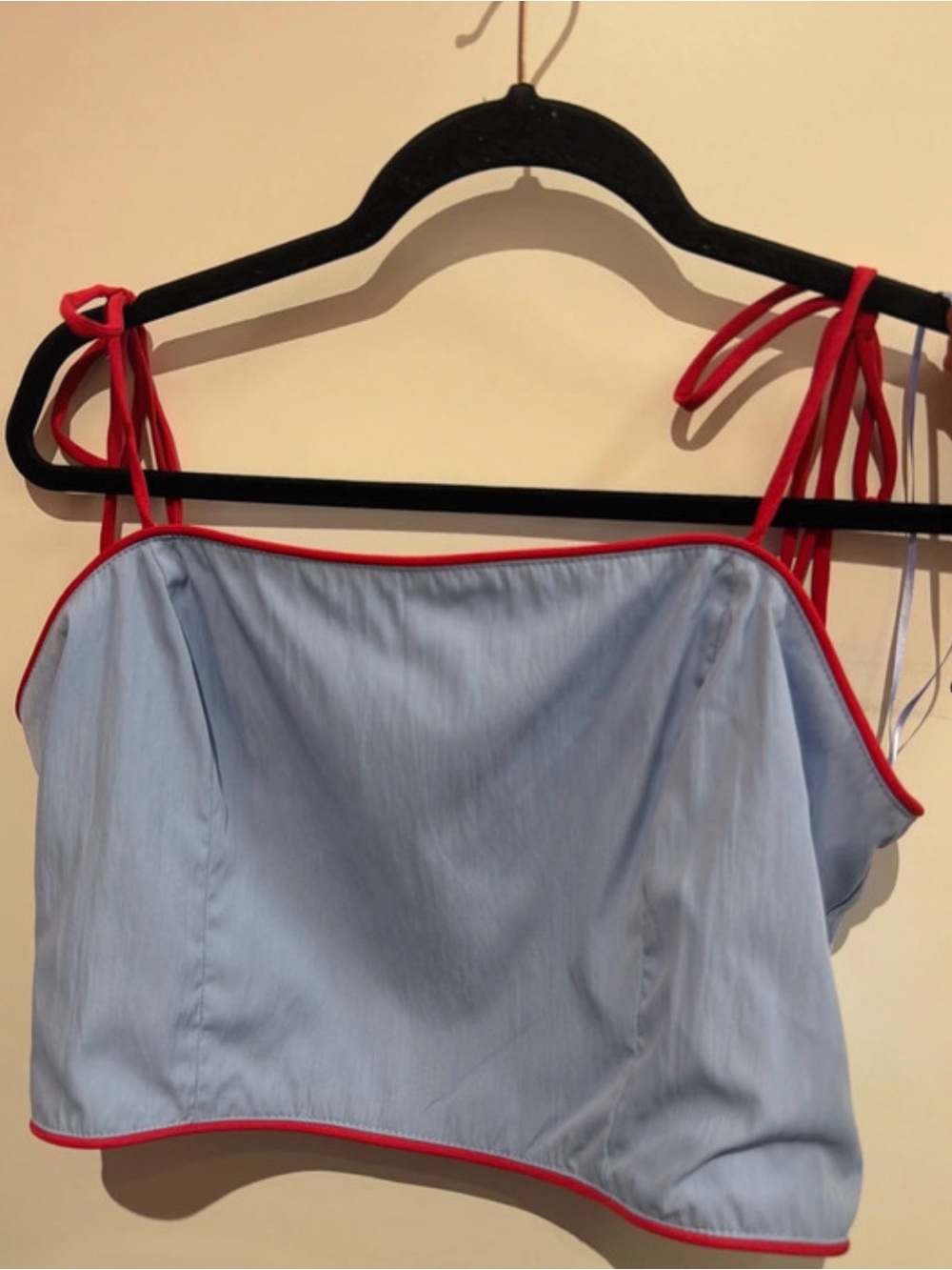 New Light Blue Tie-Strap Cropped Top with Red Trim